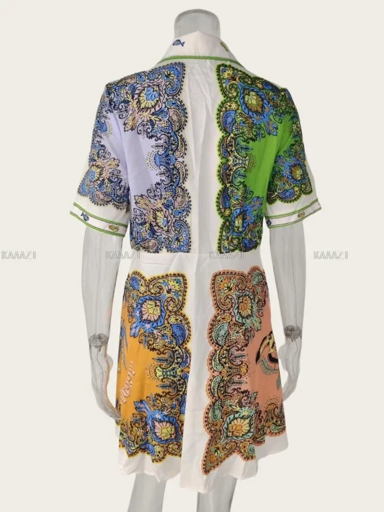 Polo Hals Vrouwen Korte Jurk Vintage Print Mode Korte Mouw Mini Jurken Casual Elegant Gewaad Feest Dames Zomer Nieuw