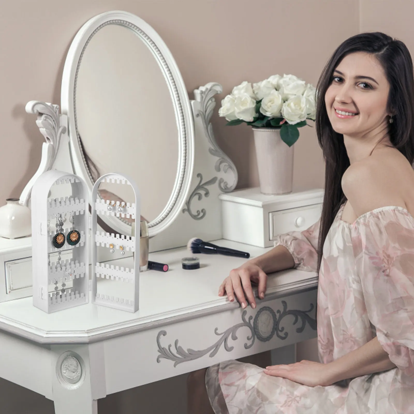 Four Doors Foldable Earring Display Jewelry Organizer Holder Stand Earring Holder for Women Vanity Storage Jewelry Organizer