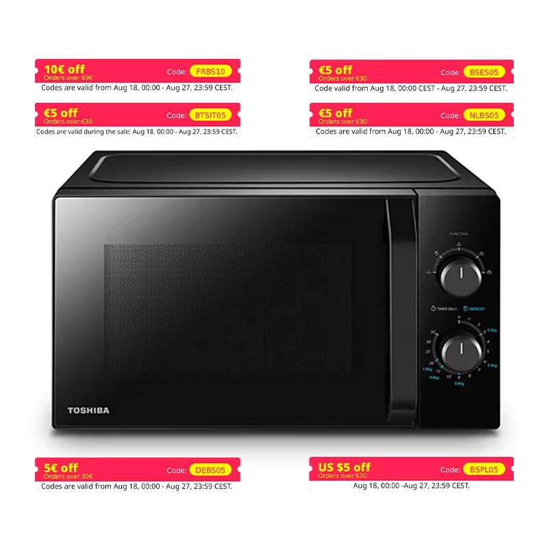 Toshiba-horno microondas MW2-MM20P(BK), 20 l, 800 W, 5 niveles de potencia con función de descongelación práctica, iluminación LED, MW2-MM20P(BK)