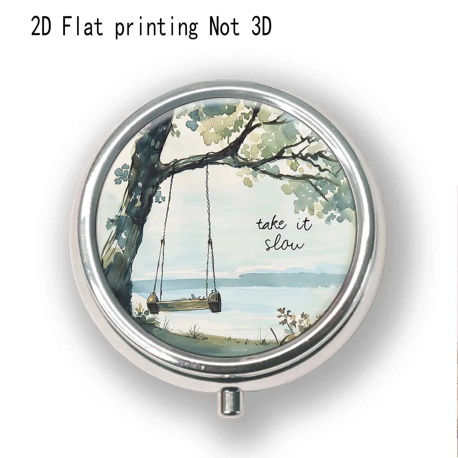 Single-piece, flat, round three-compartment box, featuring a circular design with a scene of a swing under a tree, press-to-open and close, elegant and spacious, suitable as an exquisite or birthday gift, made of metal