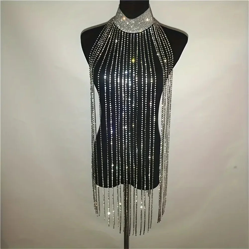 Sexy Shiny Long Tassel Rhinestone Body Chain Jewelry Fashion Romantic Banquet Party Crystal Body Chest Chain Jewelry Accessories