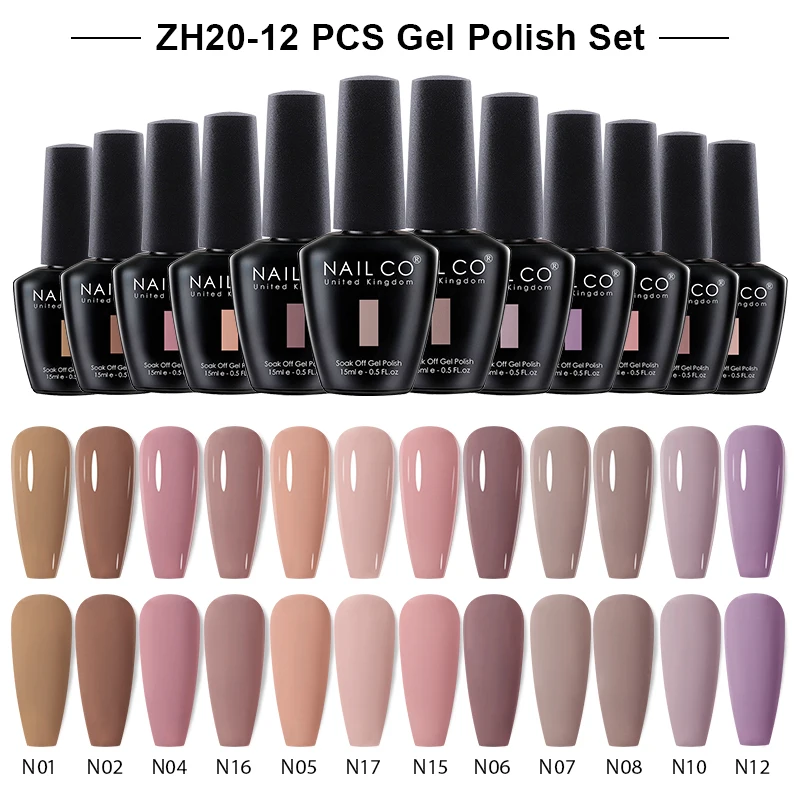 

NAILCO 12pcs/Set Gel Nail Polish 15ml LED Gellak Soak Off UV Gel Varnish Nude Color Glitter Nail Gel Polish DIY Nail Art Lacquer