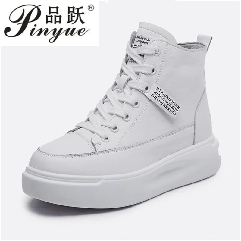 Women's Ankle Boots Autumn PU Leather Shoes Woman Platform Height Increased Sneakers 4CM Thick Sole Wedges White Black Boots