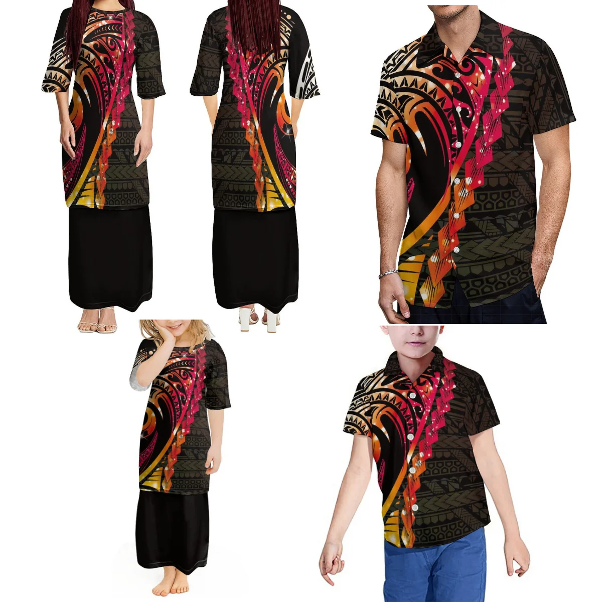 

Custom Summer Pacific Island Design Samoan Women'S Dress Puletasi Suit And Men'S Shirt Boys' Top Girls' Dress Casual Family Suit