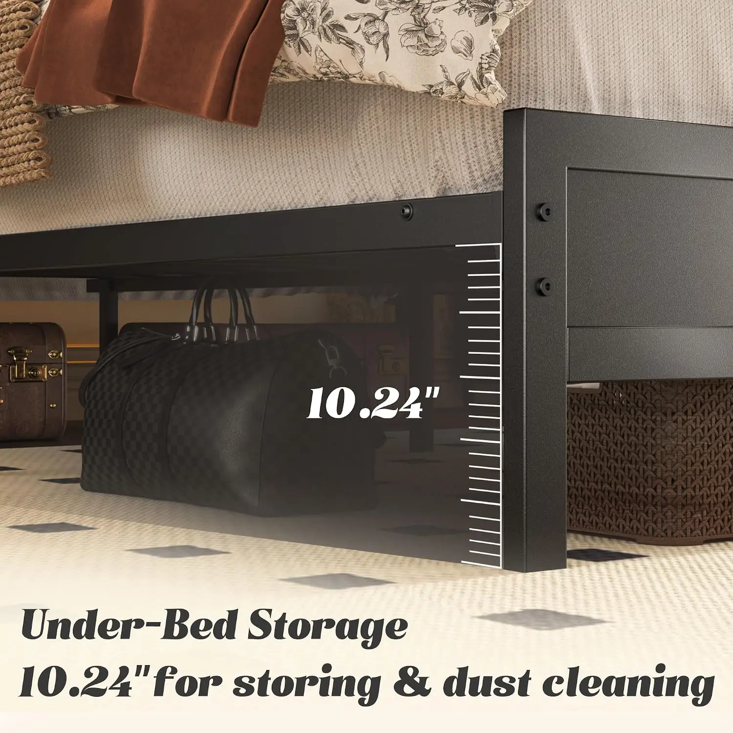 Queen Bed Frame Headboard Footboard, Charging Station LED Light, Storage Shelf, Noise-Free, No Box Spring, Customized