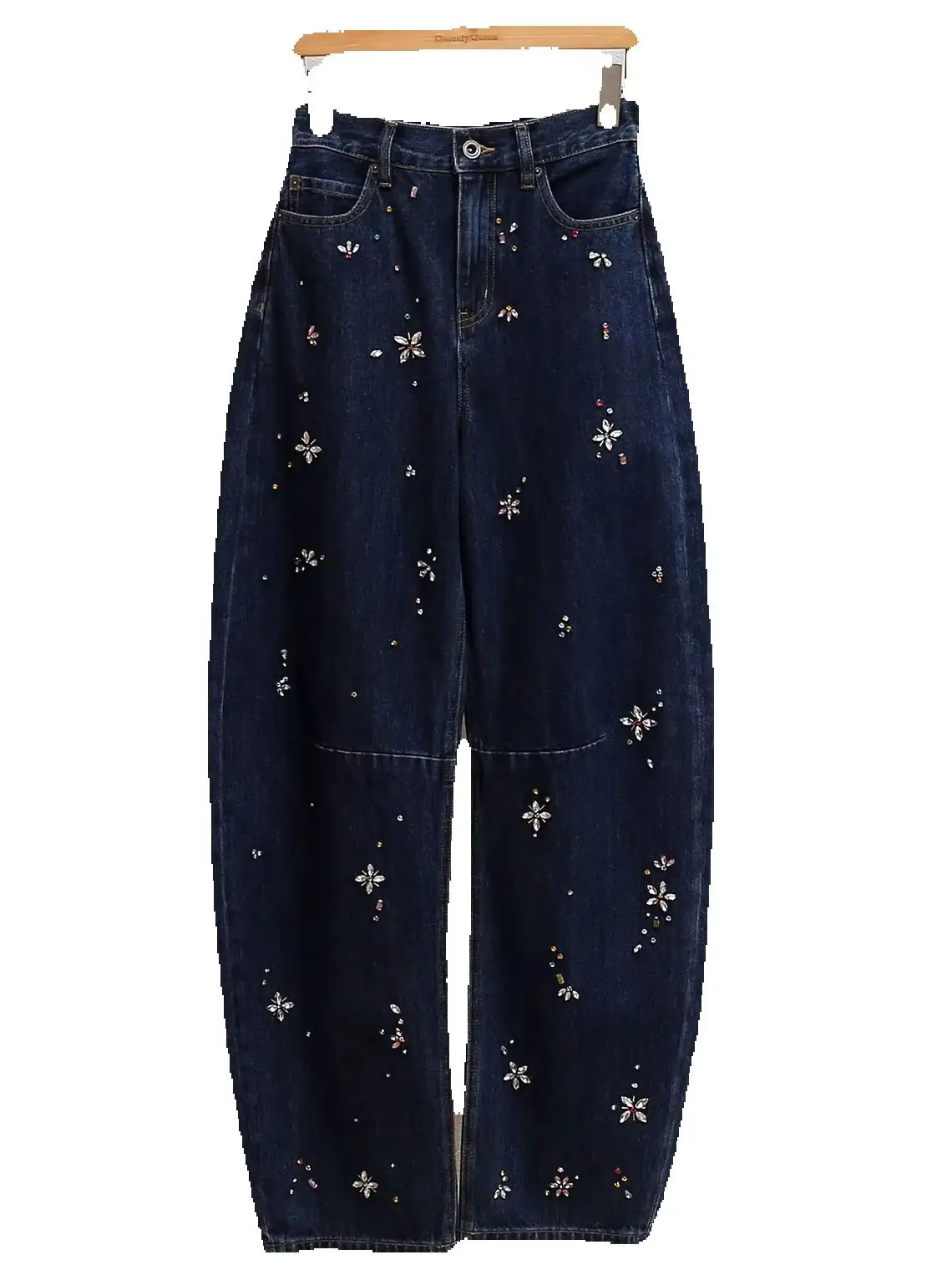 

Spring/Fall Women Floral Rhinestone Loose Solid Jeans Pocket High Waist Fashion Casual Denim Wide Leg Pants