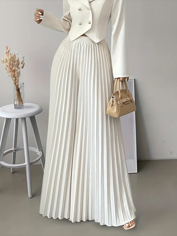 

Женские элегантные эластичные плиссированные брюки с высокой талией, широкими штанинами, однотонные, полной длины, для офиса и вечеринок