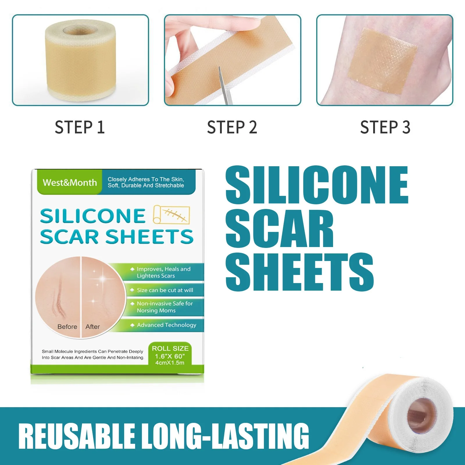 1 Roll Silicone Scar Sheets , 4cmX150cm Self-Adhesive Scar Cover Tape Reusable and Effective Skin Care Strips