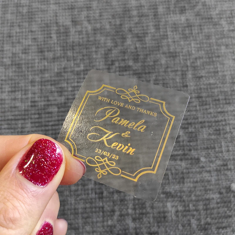 Custom Gold Foil Wedding Favors Transparent Stickers Labels Wedding Bridal Party Decorations Square Gold Party Favors Stickers