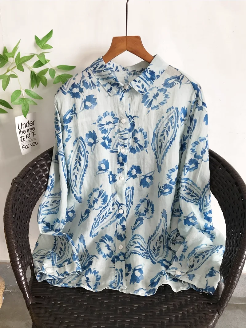 Enianechu Camicie con stampa a pois in puro lino ramio al 100% Camicetta da donna colorata con pois arcobaleno Traspirante Natura Top a maniche lunghe