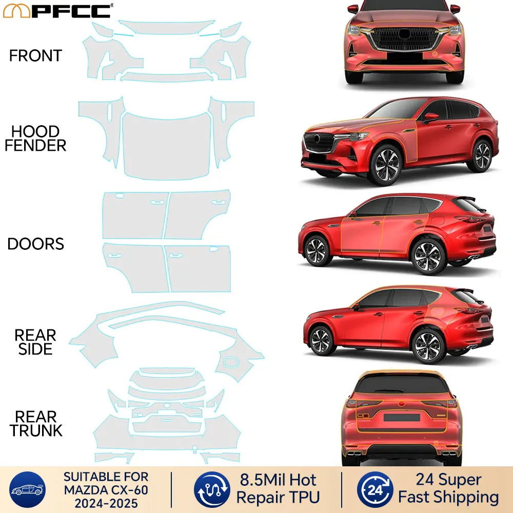 

8.5Mil Full Vehicle Clear Bra For Mazda CX-60 2024-2025 Precut PPF Paint Protection Film Decal Wrap Film Kit Transparent Repair
