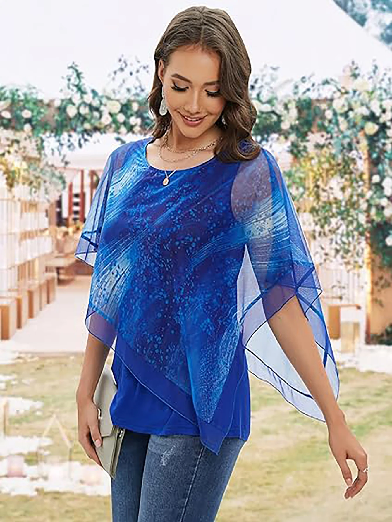 Aamikast Casual Plus Size Women's Tops Printed Collar Sleeve Top Round Neck Half-Sleeved Lace Shirt Blue Print