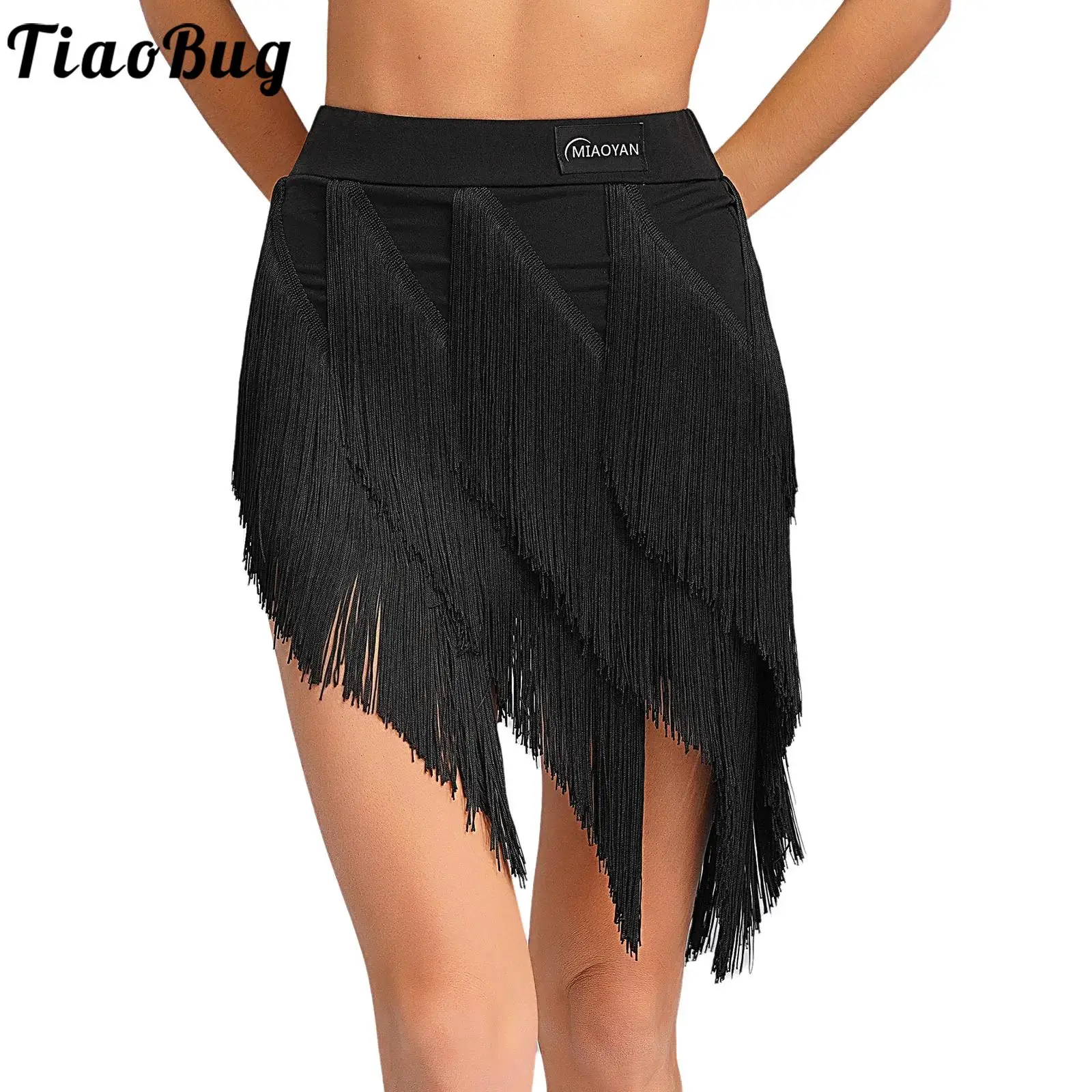 

Women Latin Dance Skirts Tango Rumba Samba Wear High Waist Tiered Tassel Irregular Skirt for Party Performances Competition