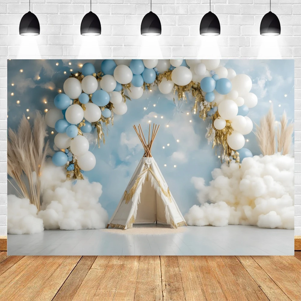 Newborn First Birthday Backdrop Blue Balloons Moon Star Clouds Tent Interior Room Scene Baby Shower Photography Background Decor