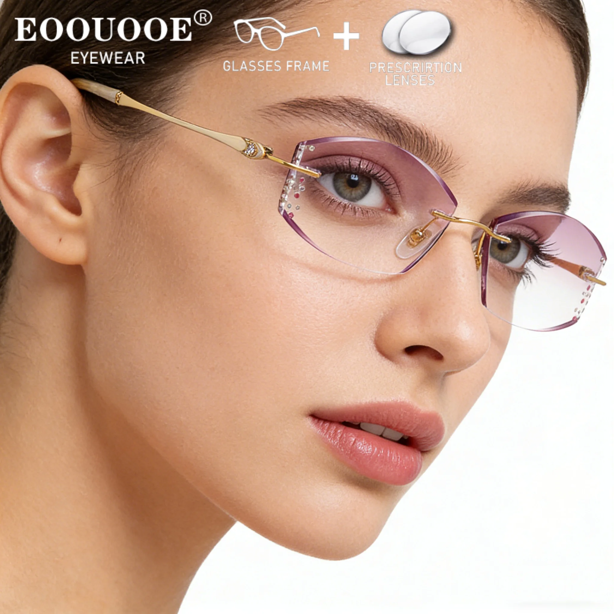 

Luxury Diamonds Women Rimless Glasses Pure Titanium Gradient Color Lenses 1.61 1.67 Prescription Lenses Myopia Reading Eyewear