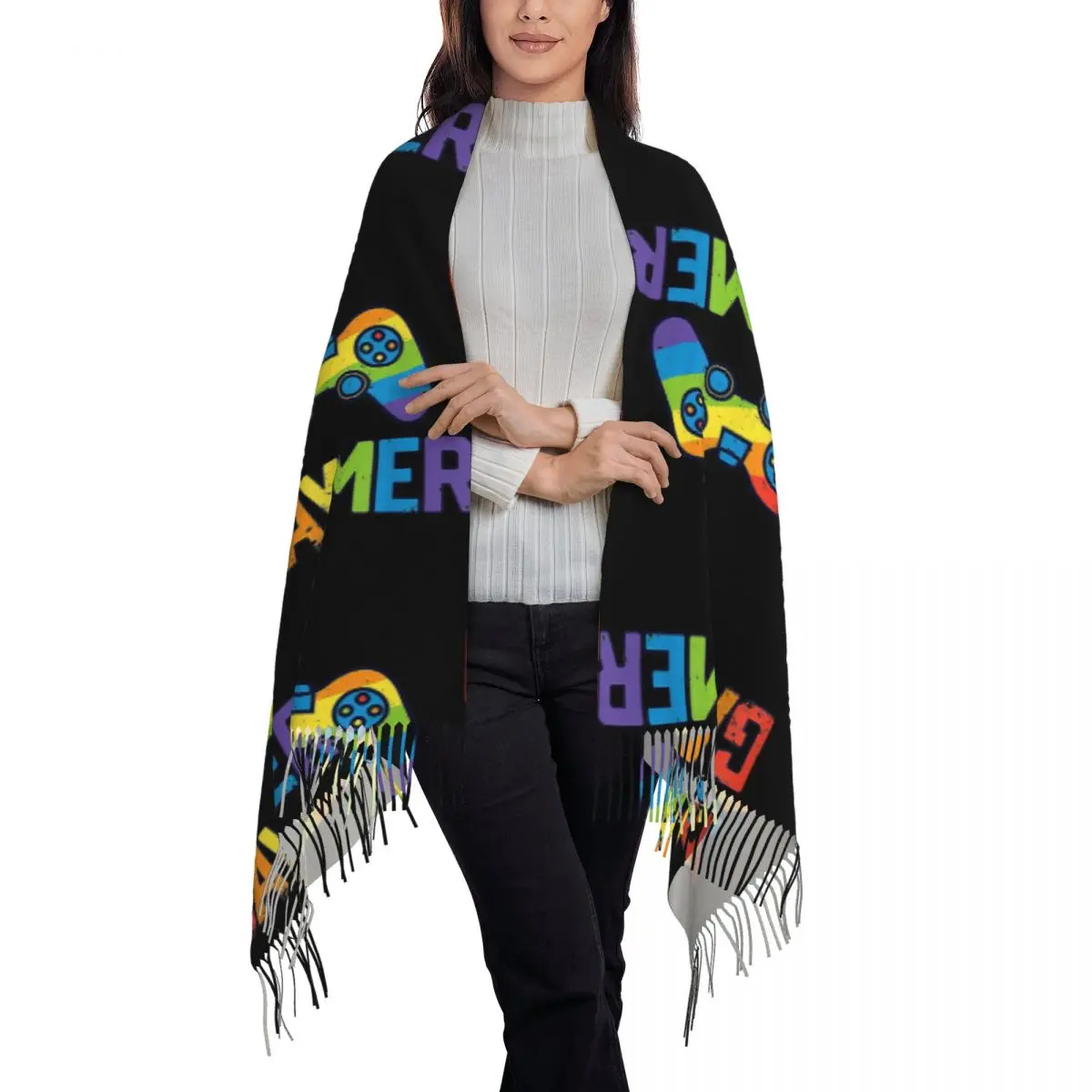 Gaymer Gamer Gay Pride LGBT Lesbian Rainbow Flag Scarf Tassel Scarves Women Soft Warm Shawls and Wraps Fall Winter Shawl Wrap