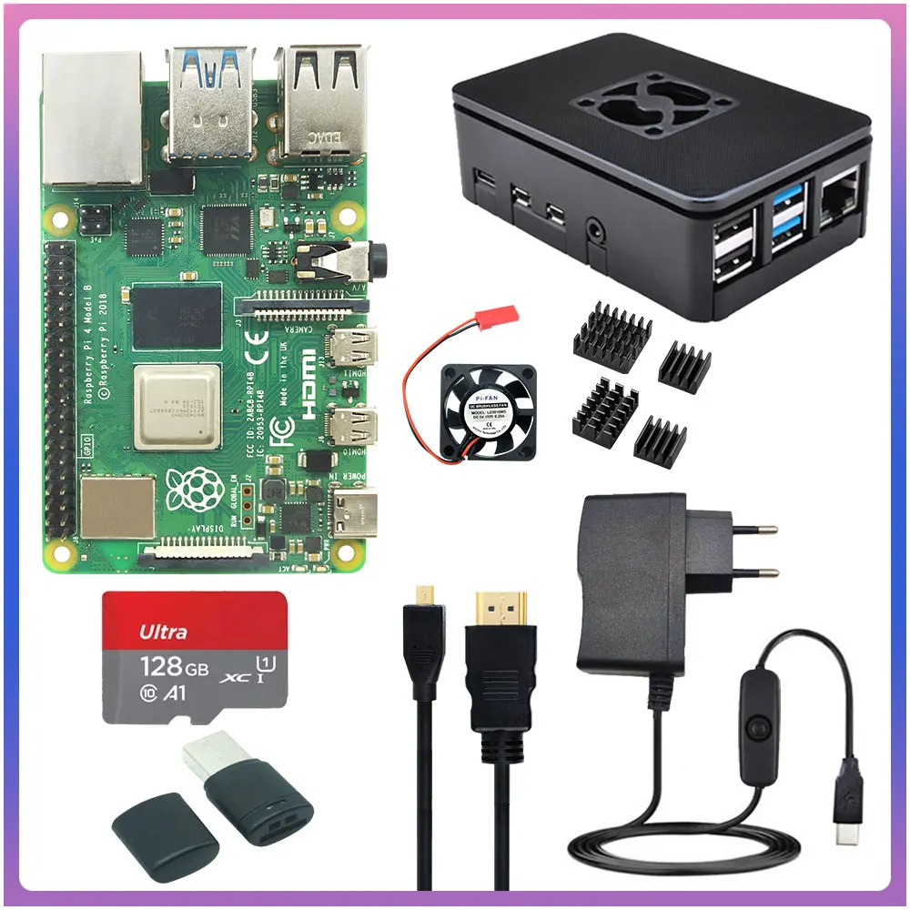 Raspberry Pi 4 modèle B, 8 Go, 4 Go, 2 Go, 1 Go, kit avec adaptateur secteur, boîtier ABS, carte 32 Go, 64 Go, 128 Go, dissipateur de chaleur