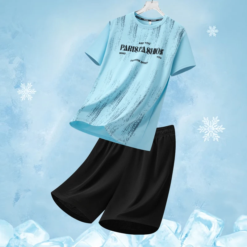 

Summer Ice Silk Sports Men's Sets Outdoor Quick Dry Letter Print T-Shirt Shorts Two-Piece Suit Set Men Breathable Tracksuit Man