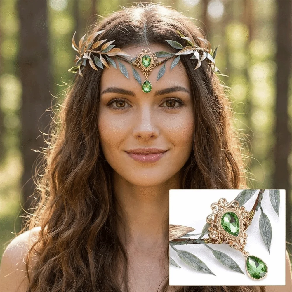 Leaf Wreath Elf Headband Simulate Tree Leaves Lightweight Floral Headband Retro Rhinestone Decor Elven Princess Tiara Cosplay