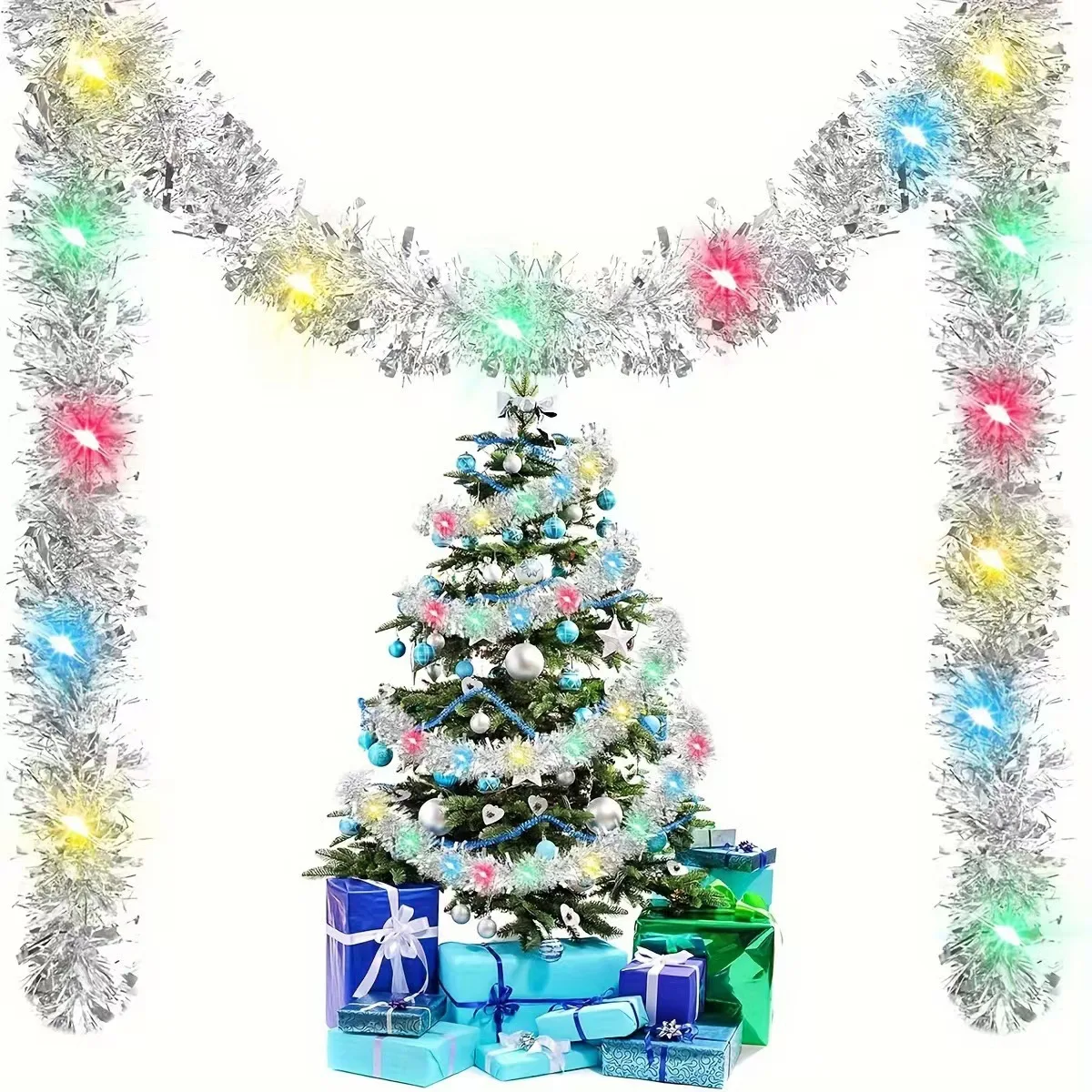 5M Festoon Christmas Garland Metallic Shiny Tinsel with LED Lights for Tree Decoration - Indoor Outdoor Xmas Party New Year 2025