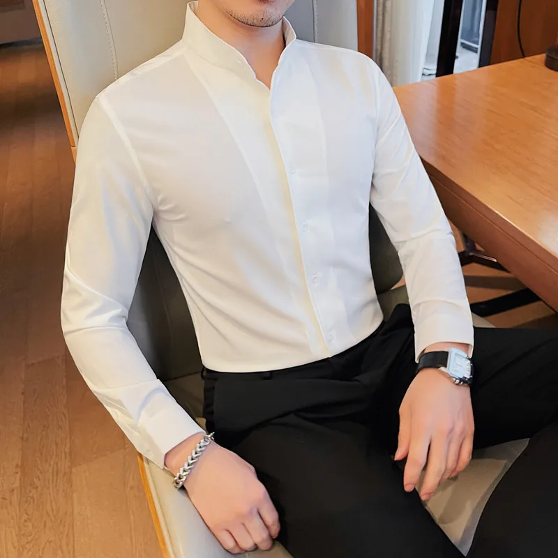 

Men Long-sleeved Business Formal Social Dress Shirt Fall Pure Stand Collar Party Club Casual Shirt Men's Brand Slim Tuxedo Shirt