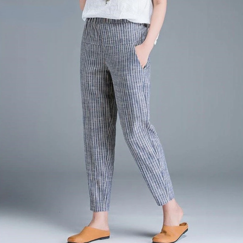 

Female Clothes Cotton Linen Striped Harem Pants Women High Waist Casual Straight Pants Ladies Simple All-match Trousers