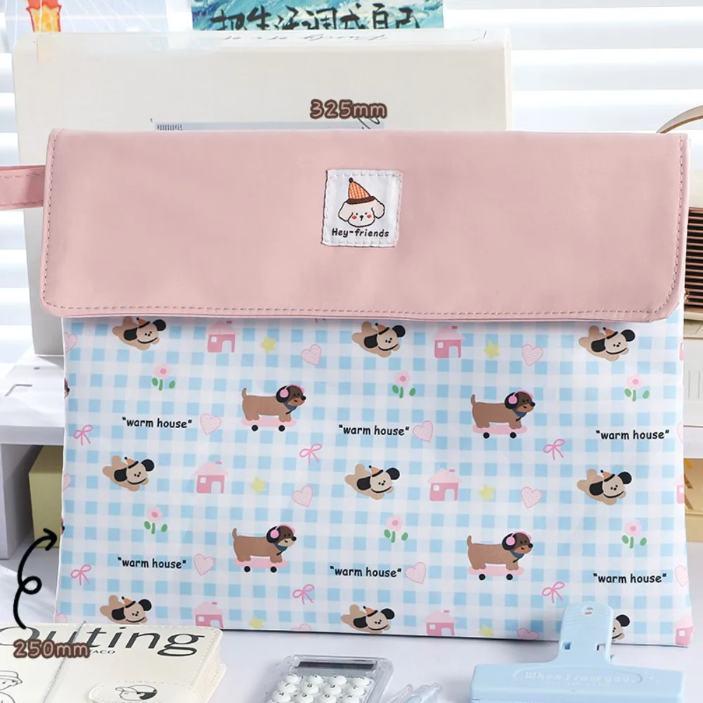 

Cartoon Plaid Puppy A4 File Folder Snap Button Handheld Tutoring Bag Large Capacity Washable File Bag Students