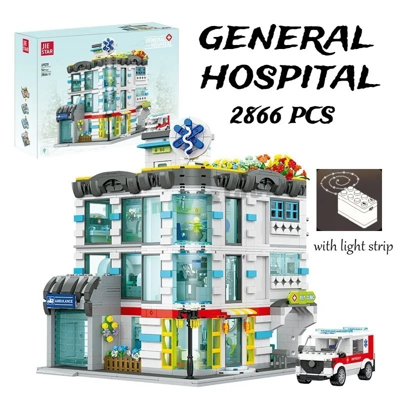 2866PCS General Hospital DIY Assembly Building Blocks,City Street Scene Layered Architecture Desktop Decor Toy Xmas Holiday Gift