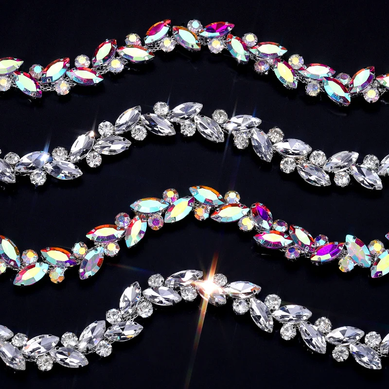 DUCRYSTAL 1Yard Horse Eyes Claw rhinestone Chain Glitter Glass Crystal Chain Rhinestone Flatback Sew-on Garment Decorative Chain