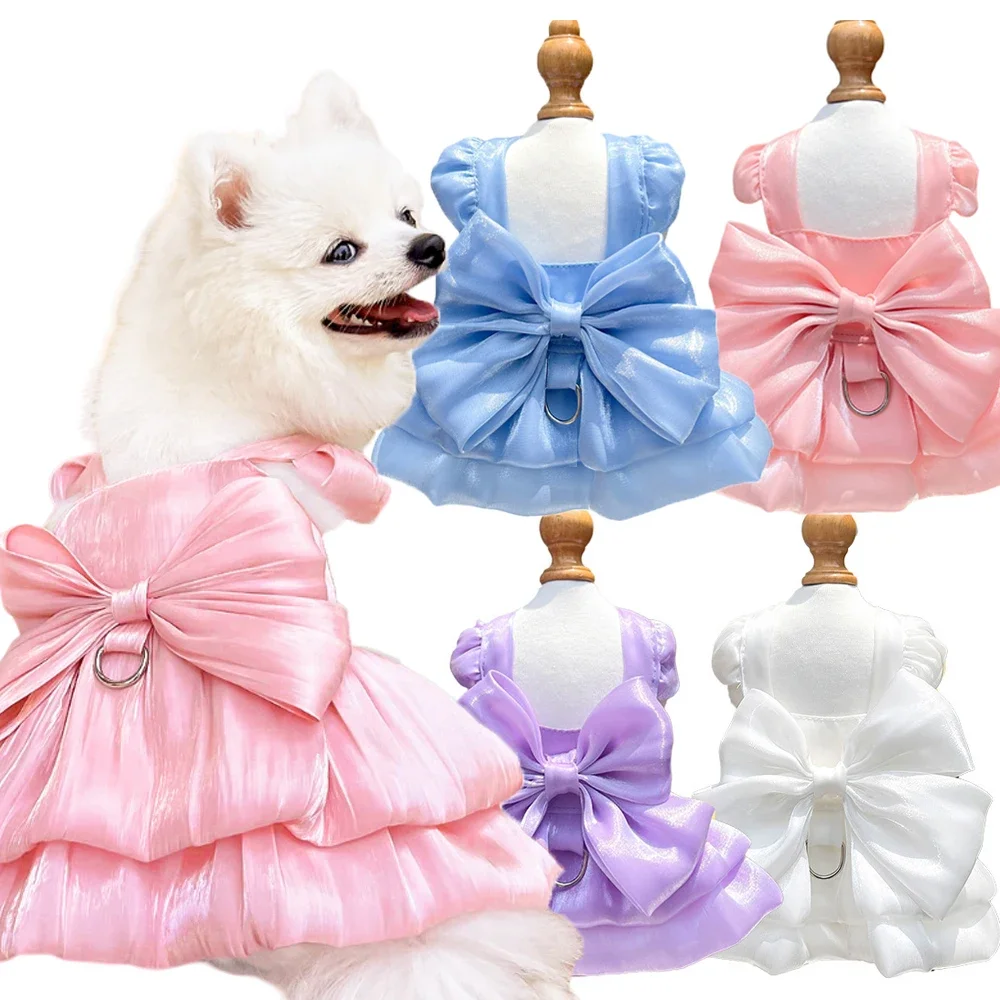 Home Dog Cat Big Bow Shiny Yarn Skirts Puppy Butterfly Skirt Summer Pet Skirt Princess Dog Wedding Dress Cat Dog Bowtie Clothes