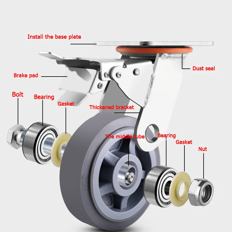 1pcs Heavy-duty Silent Swivel Casters 4/5/6/8 Inches Hand Truck Wheels Caster with TRP Rubber Wheels for Trailer and Pull Cart