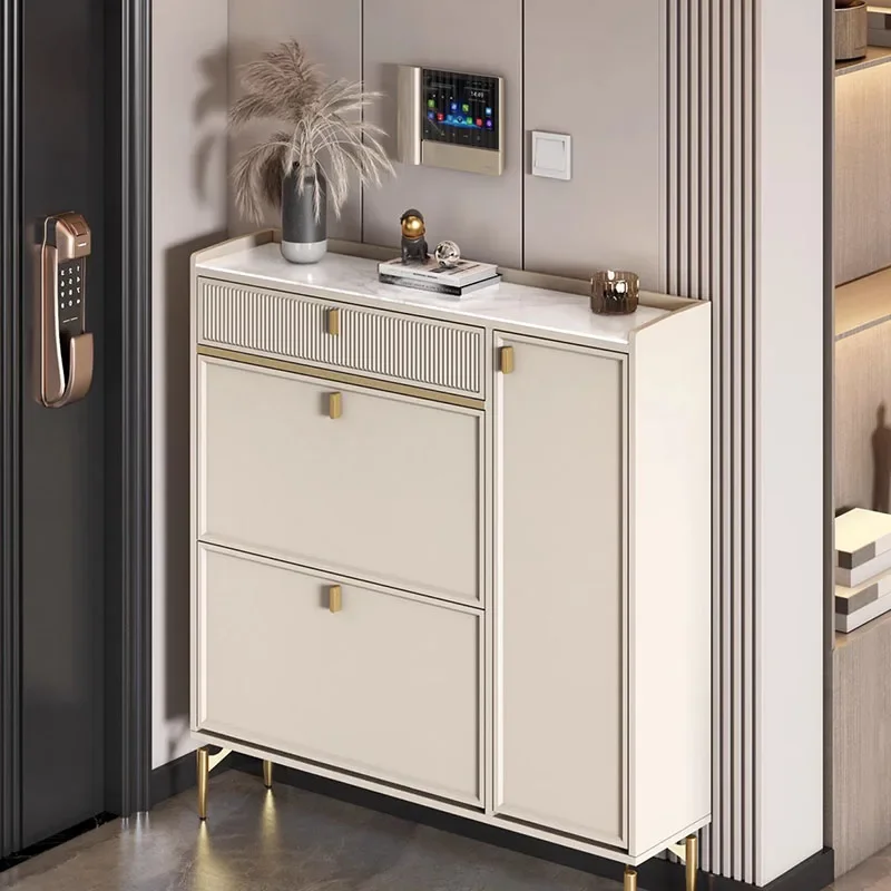 

Ultra Thin Flip-up Shoe Cabinet With Drawers Cream Quartz Entryway Storage Narrow Hallway Space-Saving Organizer