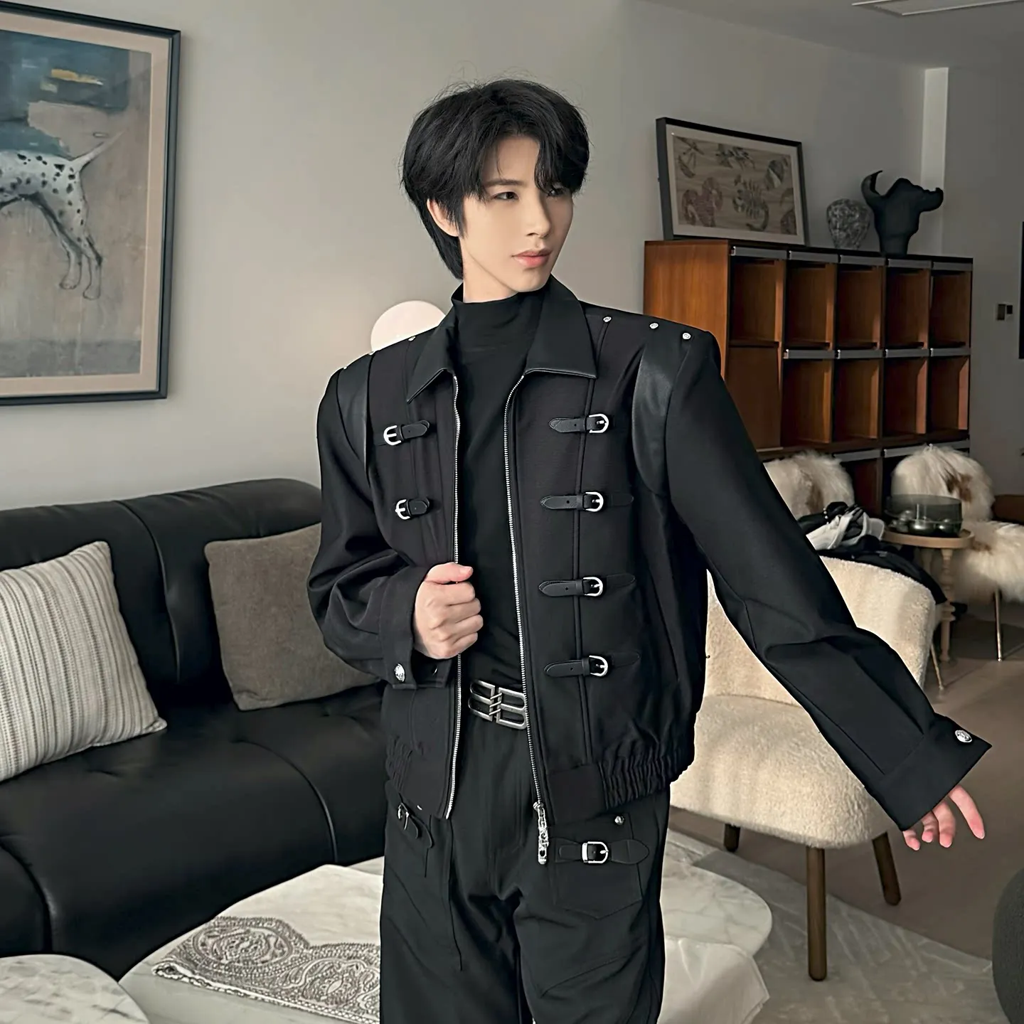 Men's Black Cropped Lapel Jacket with Leather Panel Buckles Shoulder Studs and Structured Shape for Industrial Punk Outfits