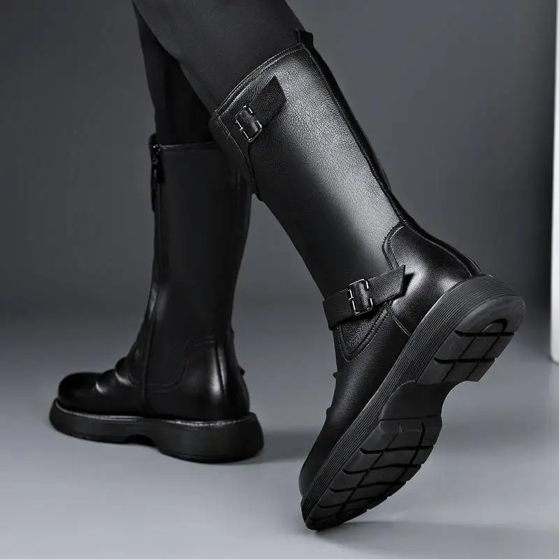 Botas de caballero alto para hombre, zapatos de cuero originales, botas de plataforma de diseñador de marca, botas largas de motocicleta, moda de lujo, Otoño e Invierno