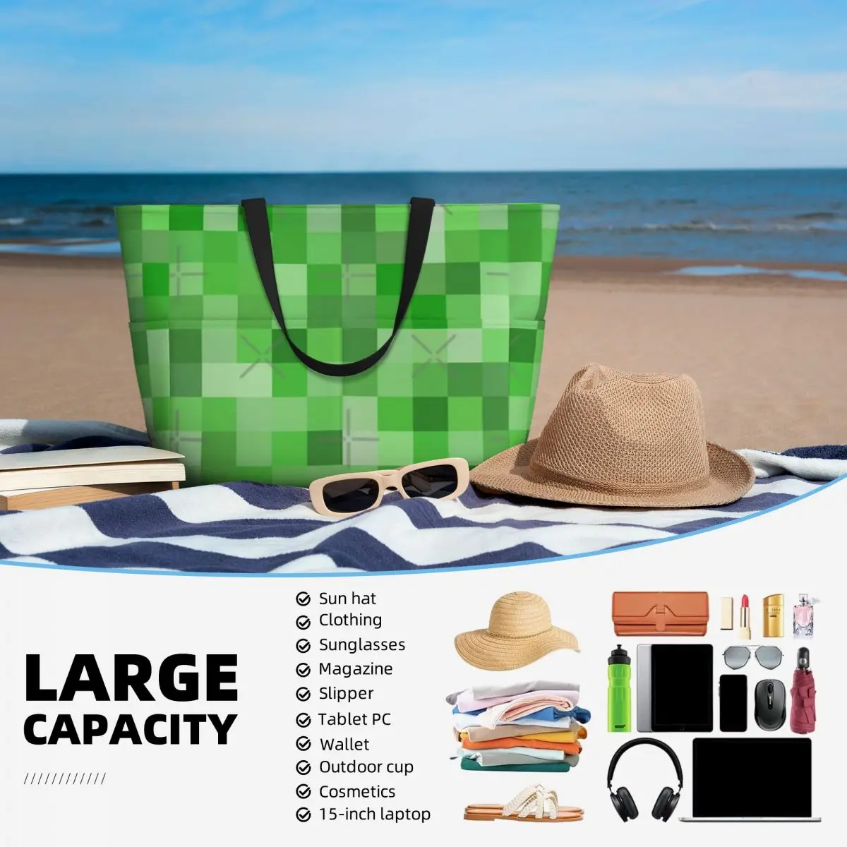 Creeper Pattern Beach Travel Bag, sacola de férias, grande capacidade, bolsa de ombro multi-estilo, presentes