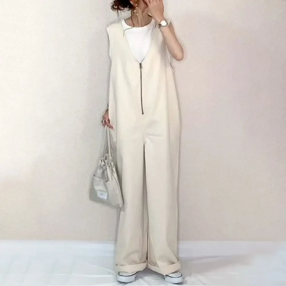 Summer's New Solid Color Zipper Back Strap One-piece Wide Leg Pants Show Thin and Drape Jumpsuit