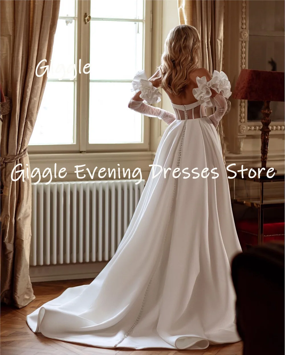 Giggle Elegant and Pretty V-neck Neckline Satin Detachable Sleeves Tulle Button Back Women Wedding Dresses A-line Bride Dresses