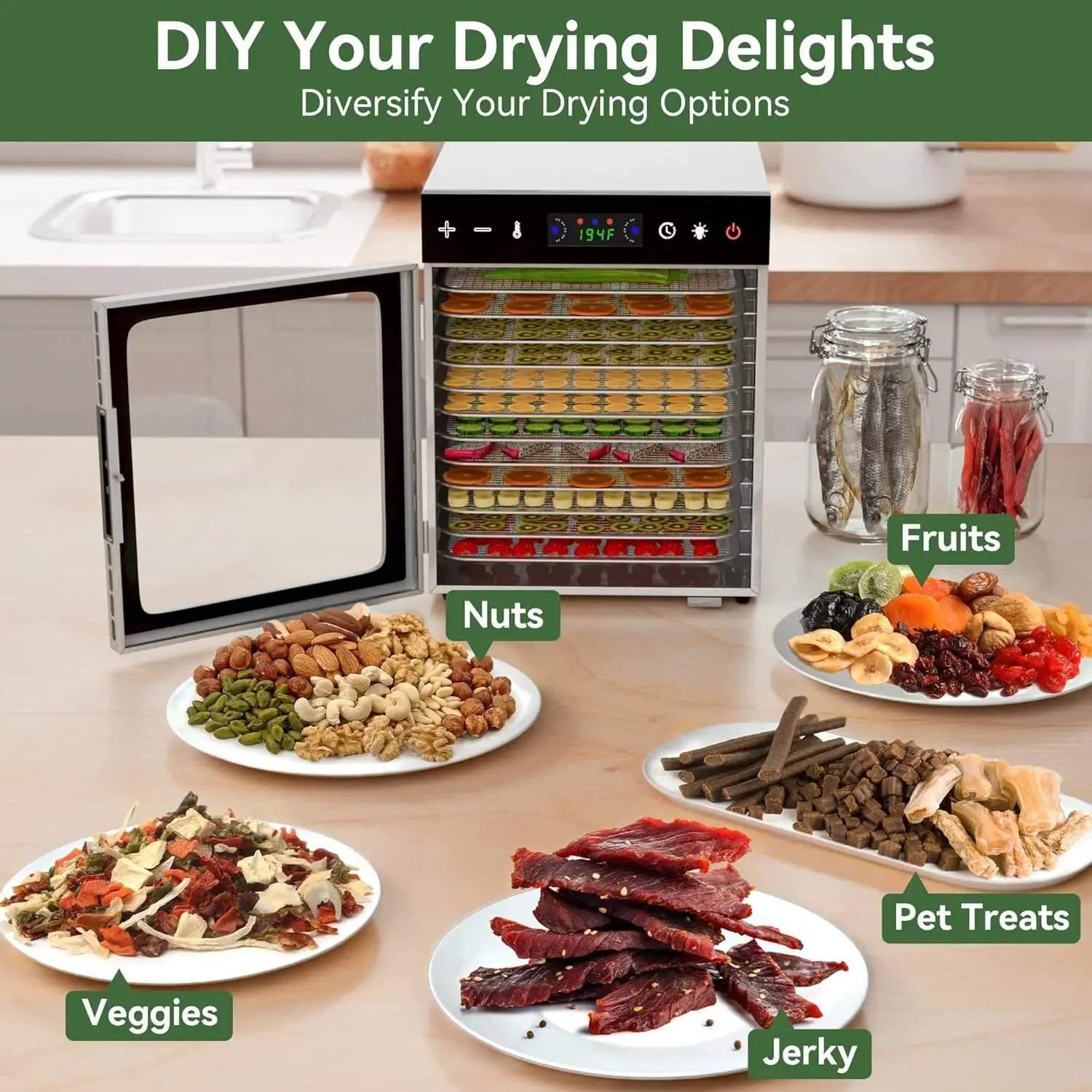 مجفف طعام الجعة، 194 ℉   التحكم في درجة الحرارة ومؤقت رقمي، مجفف فواكه بقدرة 600 وات، مجففات للأغذية والمتشنجة، يعامل الكلاب، موس