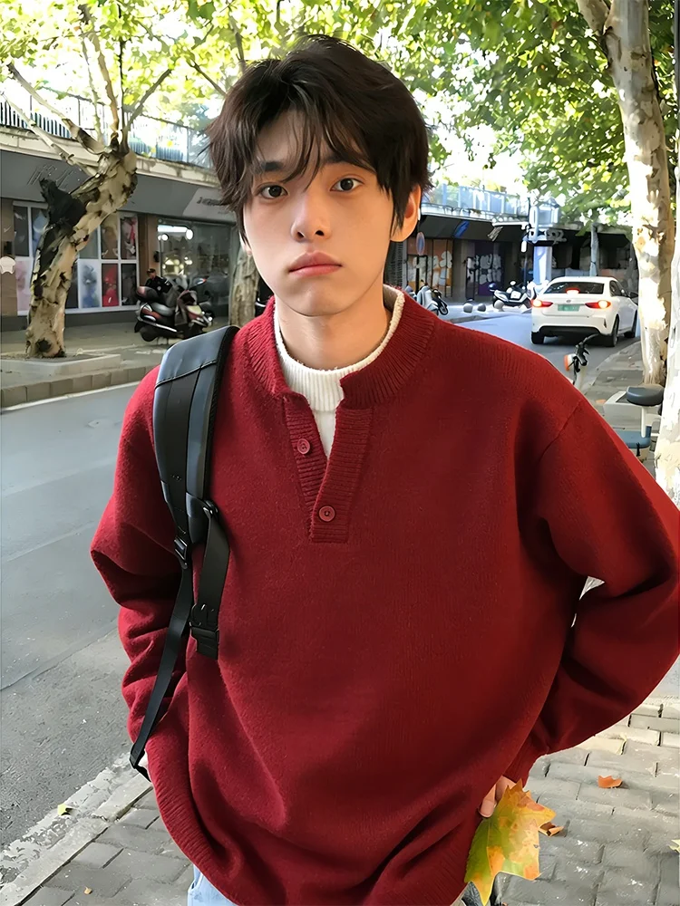 

Loose Fit Men's V-Ne Knitwear Red Fake Two-Piece Winter Lazy Sle American Retro Inner Wear Casual Long Sve Sweater