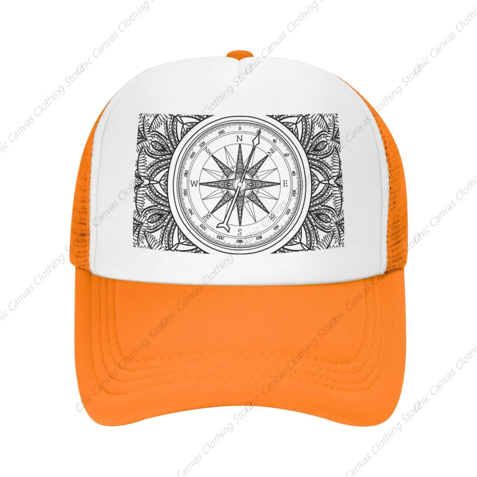 Wind Rose Compass Art Orange Mesh Baseball Cap Adjustable Adult Mesh Hat Comfortable ?Summer Outdoor Sun Hat For Daily Outdoor