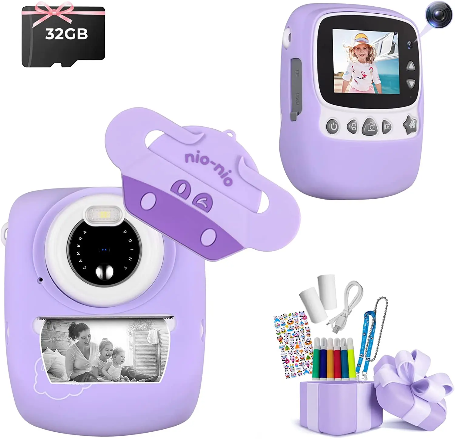 

1080P Kids Camera Instant Camera Kids App Selfie Digital Camera Connected Via WiFi 2.4 Inch with 32GB TFCarte 6 Color (Purple)