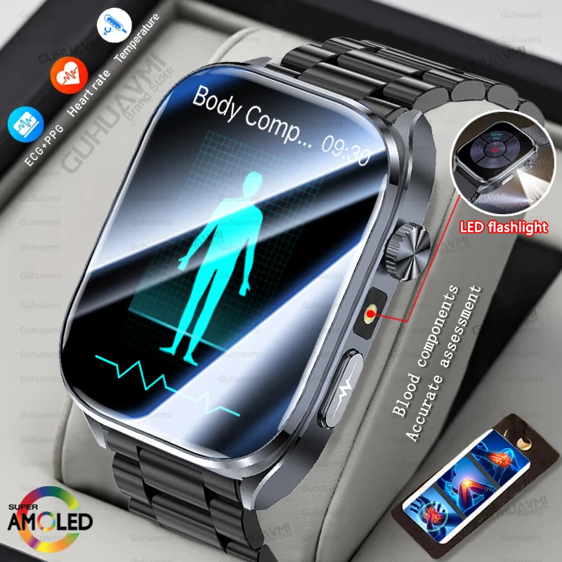 

2025 New ECG+PPG Smart Watch Men 2.0" AMOLED Blood Lipids Uric Acid Temperature Heart Rate LED flashlight Voice Call Smartwatch