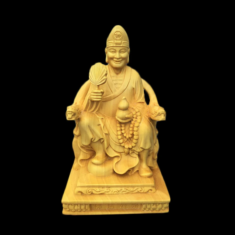 Boxwood 10cm Ji Gong Sculpture Crazy Monk Wood Carving Sitting Buddha Status Feng Shui Home Decor