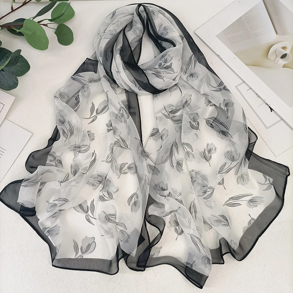 Magnolia Flower Print Women Elegant Chiffon Georgette Bandana Scarf Summer Beach Sunscreen Thin Hijab Headband Shawl