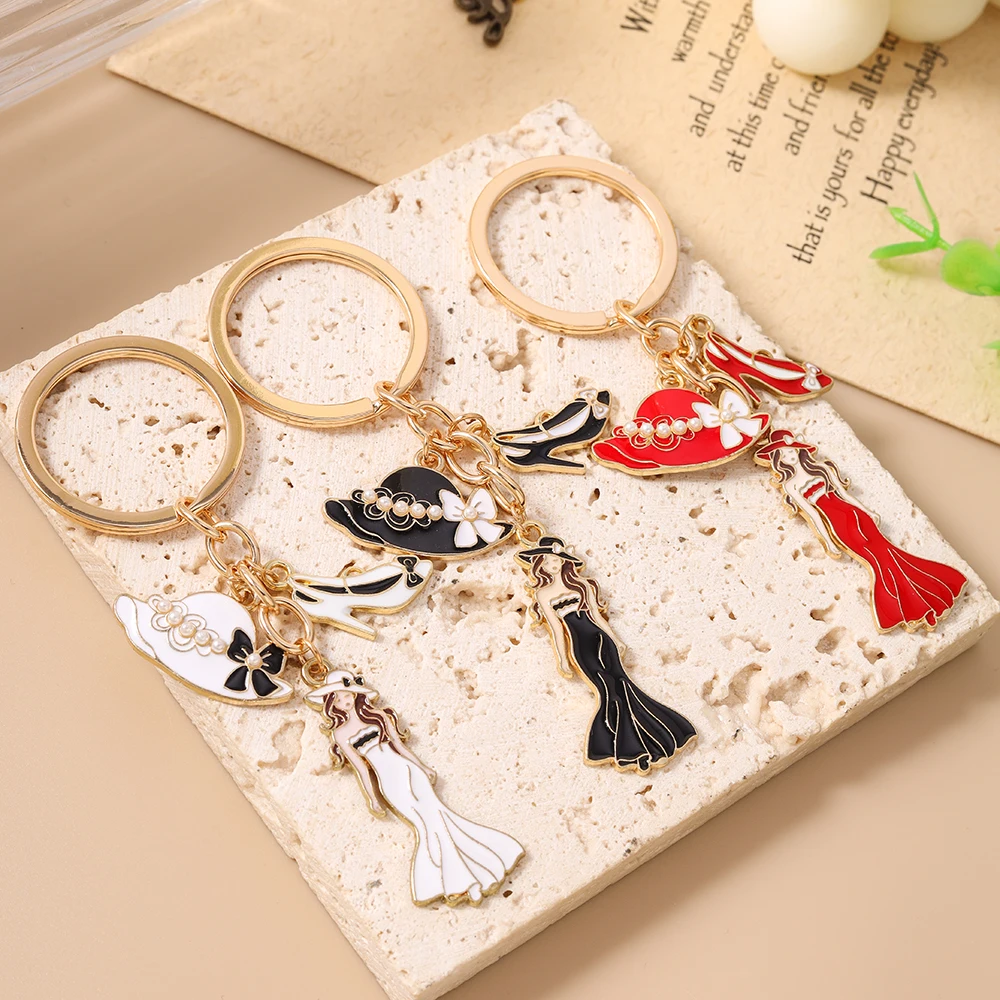 Aihua Hübscher Damen-Schleifenhut High-Heels Schlüsselanhänger Eleganter Perlen-Schlüsselring für Mädchen Freundschaftsgeschenk Handgemachter DIY-Schmuck – Detail 3