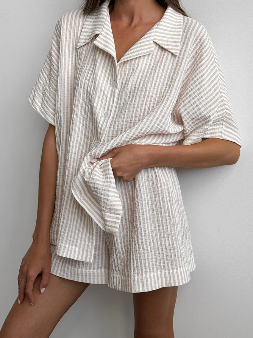 Marthaqiqi Cotton Ladies Pajama Set Half Sleeve Sleepwear Turn-Down Collar Nightgown Shorts Striped Casual Female Nightwear Suit