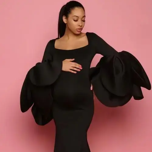 Long Sleeve Black Satin High Quality Matenrity Dresses Puff Ruffle Sleeves Mermaid Floor Length Pregnacy Gown for Formal Party