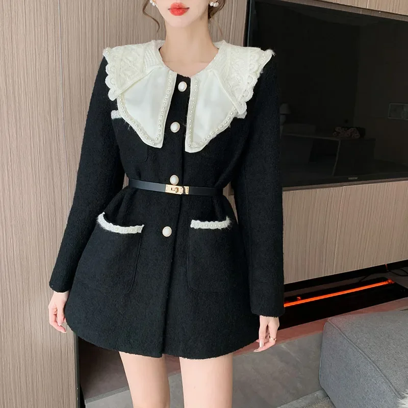 Doll Collar Women's Quilted Warm Woolen Suit Jacket Winter Tight Waist Slimming Elegant Office Lady Woolen Coat Top with Belt