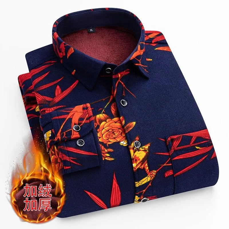 Winter New Fashion Trend Printed and Plush Thick Warm Shirt For Men's Casual Loose Sports Plus Large Size Long Sleeved Shirt