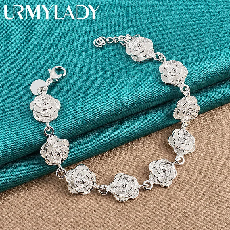 

URMYLADY 925 Sterling Silver Rose Flower Tassels Chain Bracelet For Women Wedding Engagement Fashion Jewelry